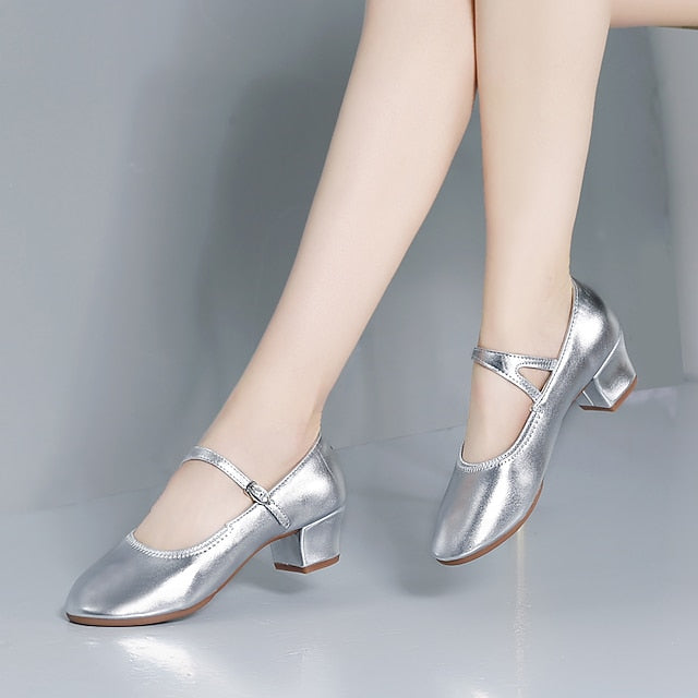 Women's Heel Low Dance with Buckle Gold Shoes Mary Jane