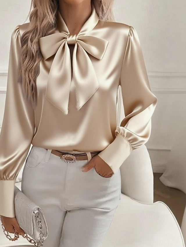 Women's Shirt Elegant Dressy Satin Top Bow Plain Elegant