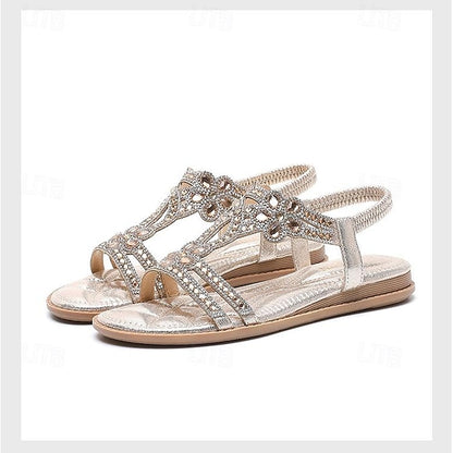 Boho Silver – Rhinestone Sandals Flat T-Strap Women's