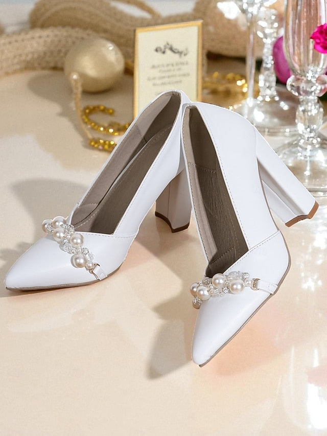 Women's White Pearl Block Pumps Heel Decor