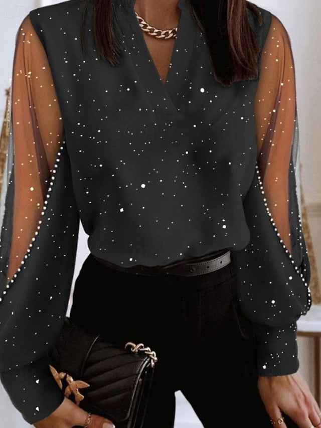 Women's Shirt Elegant Satin Top Blouse Lace Patchwork Color