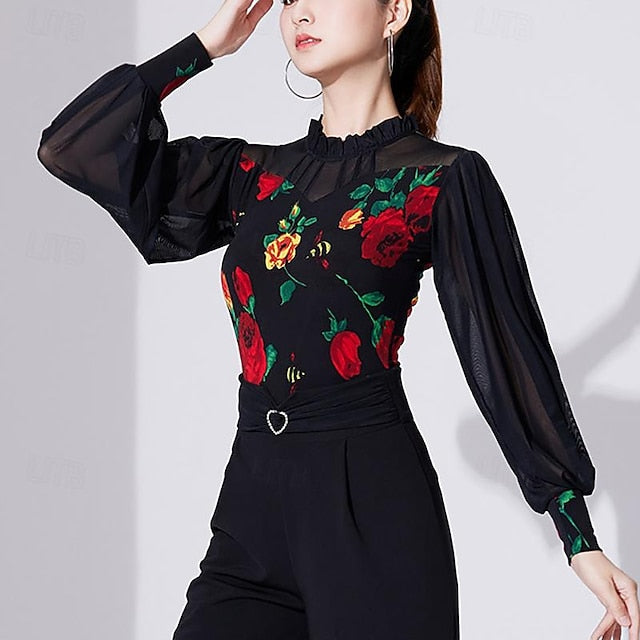 Ballroom Dance Activewear Top Printing Pure Color Splicing