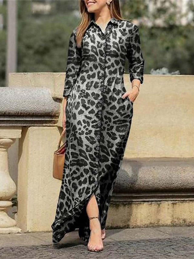 Women's Floral Shirt Collar Maxi Dress Long Sleeve Summer
