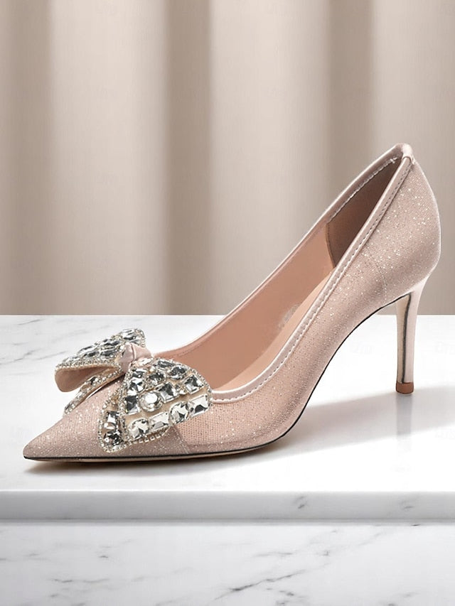 with Bow Women's Rhinestone High Glitter Heels