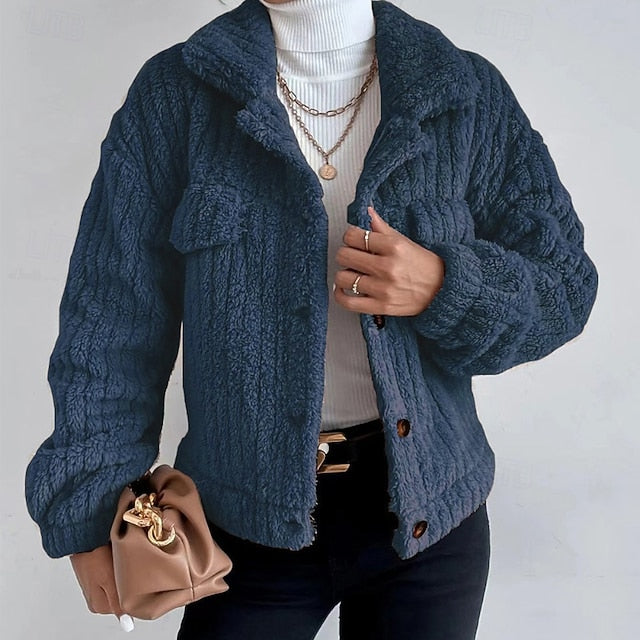 Warm Casual Coat Buttons Comfortable Plain Women's Teddy