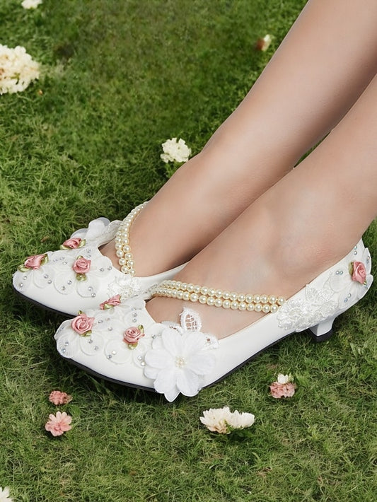 for Floral Strap Bridal Pearl Low Embellished White Heel Shoes
