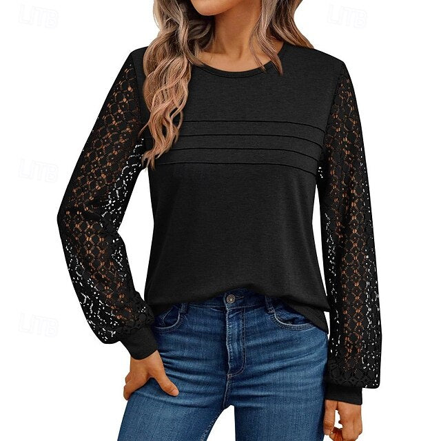 Color Tee Top Shirt Women's T Patchwork Eyelet Solid