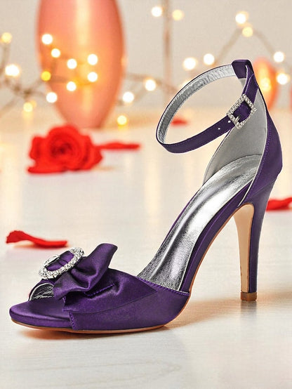 with Sandals Heel High Women's Rhinestone Purple Satin