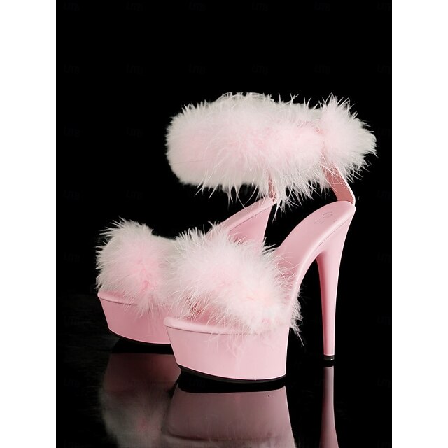 –Stylish Heels High Sandals Fluffy Pink Platform with