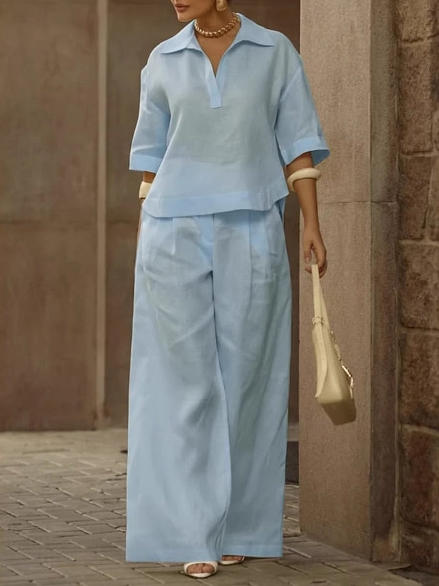 Women's Cotton Linen Sets Pants Sets 3/4 Length Sleeve V