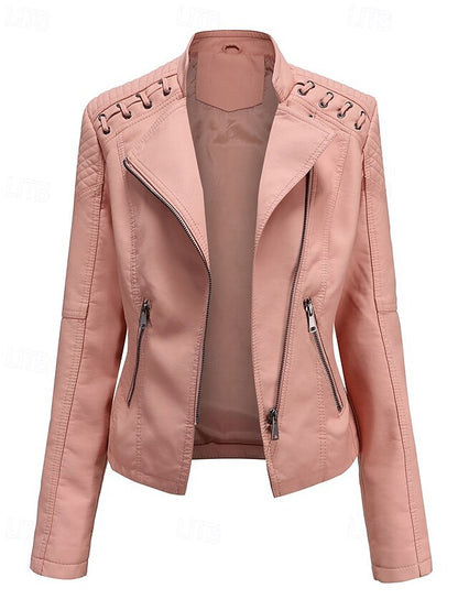 Pocket Leather Jacket Comfortable Faux Zipper Women's