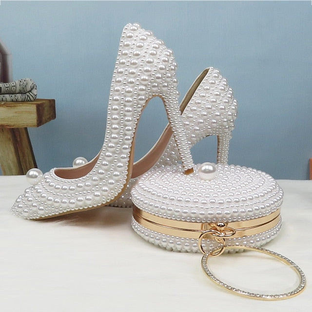 Pearl-Embellished Stiletto Purse Heels White and Round Set Pearl