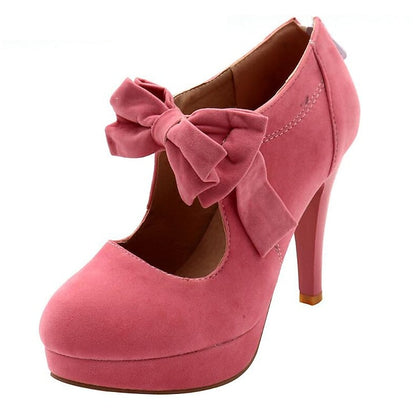Vintage Heel Pumps Suede Women's High Bow Red Platform –