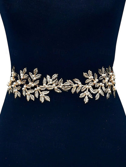 Elegant Pearl Accents Gold with Bridal Leaf – Belt