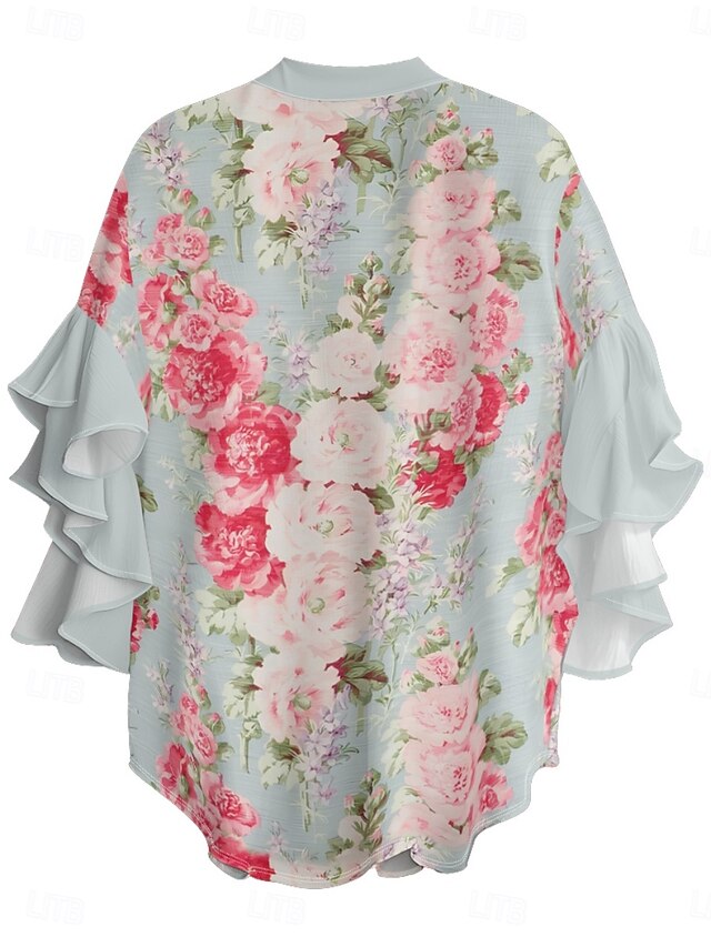 Women's Blouse Ruffle Print Floral Stylish Modern 3/4
