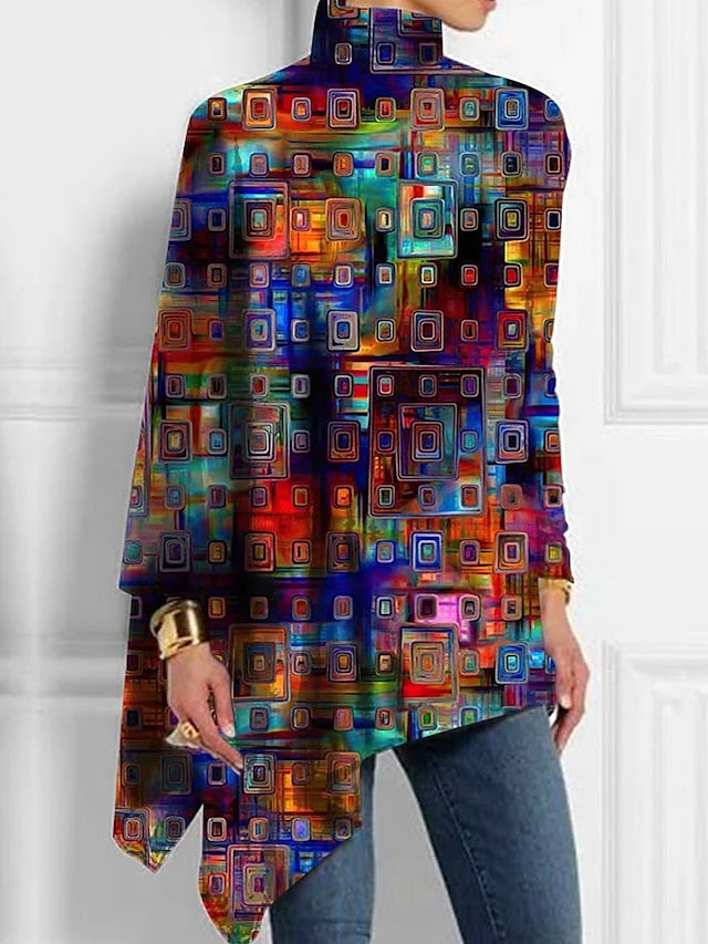 Women's T Shirt Floral Fashion Long Sleeve High Neck Long