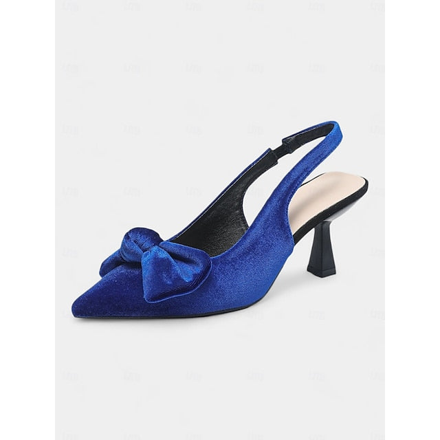 Slingback Women's Velvet Bow Blue with Heels Pointed Toe