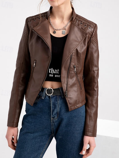 Pocket Leather Jacket Comfortable Faux Zipper Women's