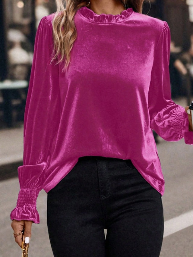 Women's Velvet Elegant Dressy Blouse Ruched Plain Vintage