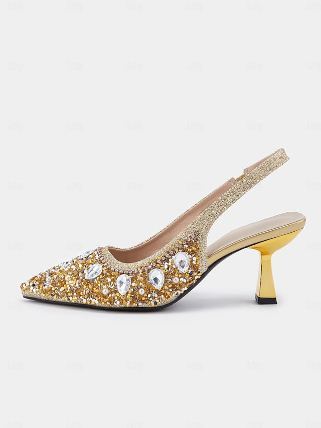 Women's Slingback Heels with Rhinestone Pearl Gold