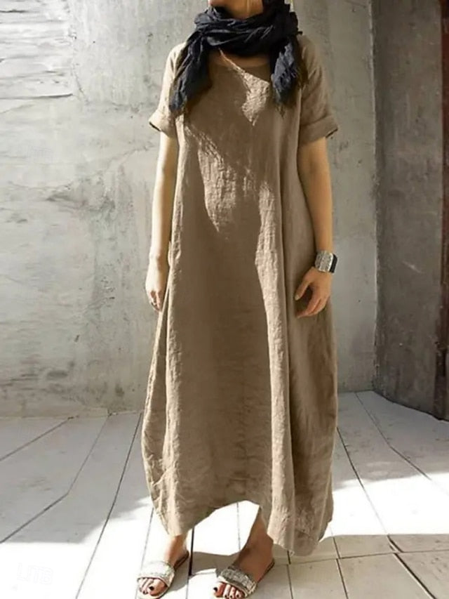 Women's Maxi Dress Faux Cotton Linen Casual Dress Basic
