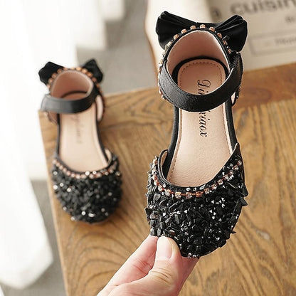 Sparkly and Flower with Bow Girls' Crystal Satin Shoes Girl