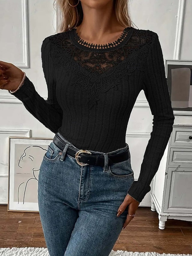 Women's Blouse Lace Patchwork Solid Color Elegant Stylish