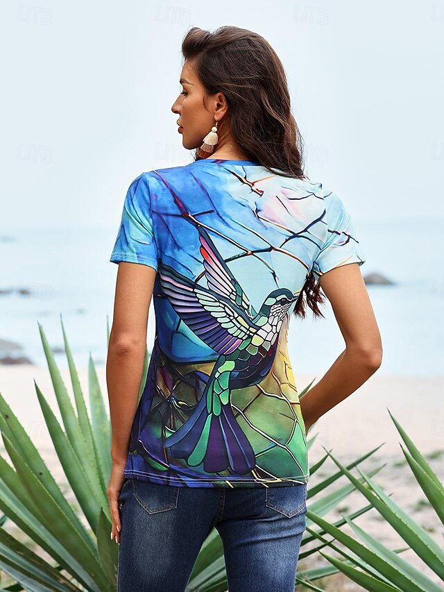 Women's T shirt Round Neck Stained Glass Hummingbird Print