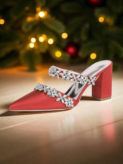 Black Satin Women's Rhinestone Mules Floral with Block Heel