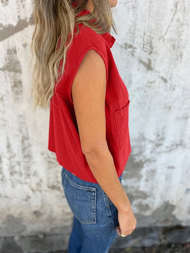 Women's Tank Top Sleeveless Shirt Pocket Buttons Plain