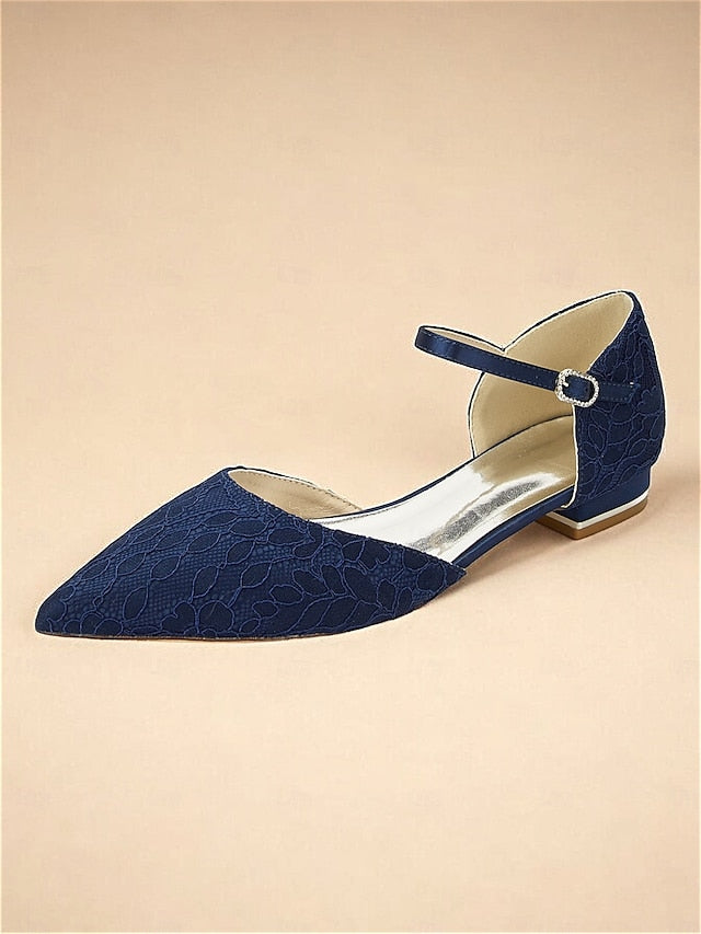 Pointed with Flats Blue Lace Navy Strap and Ankle Women's