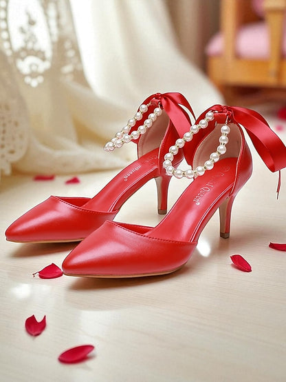 Blue with Ankle Bow Kitten Pumps Pearl - Women's Heel Strap