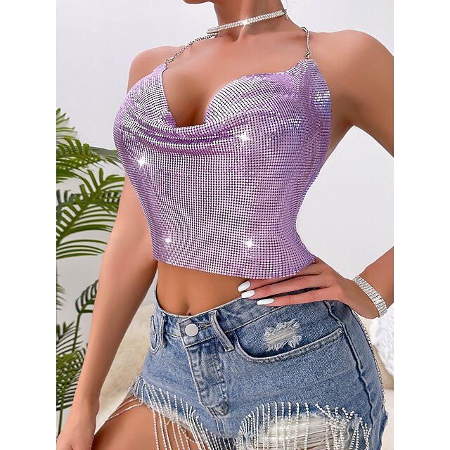 Metallic Chain Camisole Top Sparkle Crop Backless Body Tank