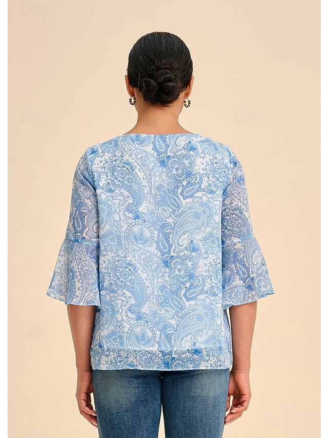 Women's Female Paisley Casual Sky Blue 3/4 Sleeve Elegant