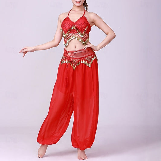 Latin Dance Top Gold Coin Pure Color Splicing Women's