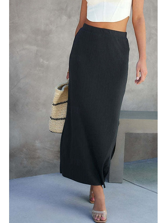 Women's Casual Midi Mid Rise Skirts Plain Split Ends
