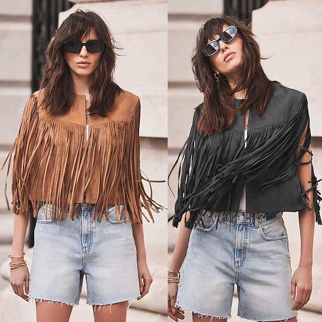 Retro Vintage Western 1970s Suede Vest Hippie Cowgirl Tassel