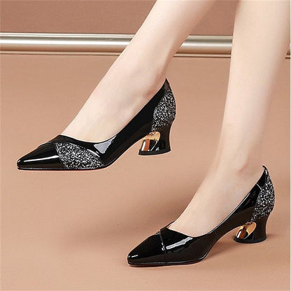 Glitter-Accented Heels Block Patent Leather Faux Women's