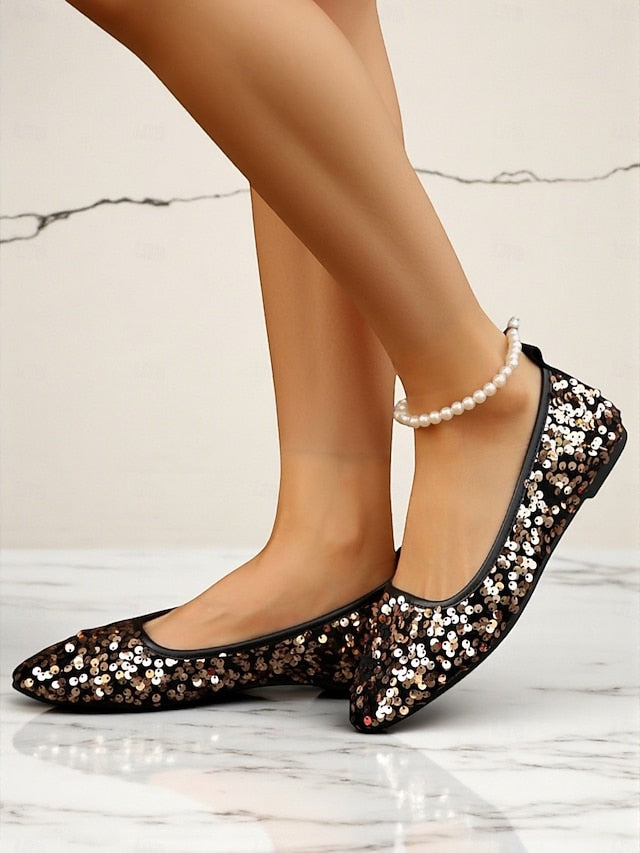Pointed - Toe Sequin Ballet Black Flats Women's Sparkly