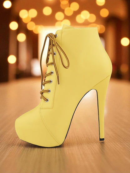 Boots Beige Platform Women's - Lace-Up Ankle Leather Faux