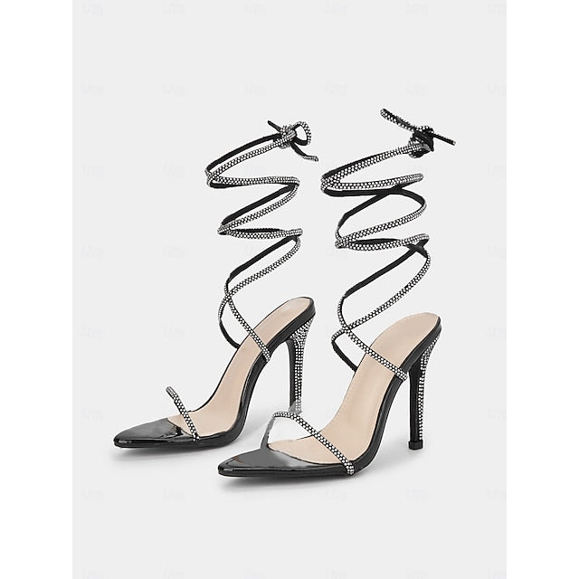 Stiletto Women's Sandals Sexy Lace-Up – Rhinestone Black