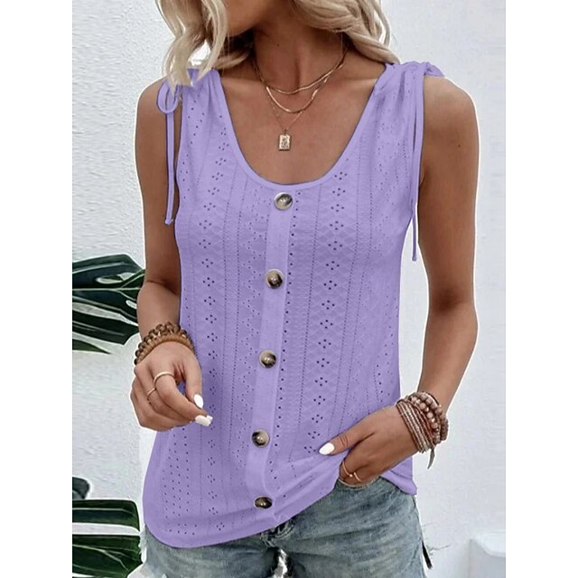 Women's Tank Top Eyelet Buttons Plain Fashion Stylish