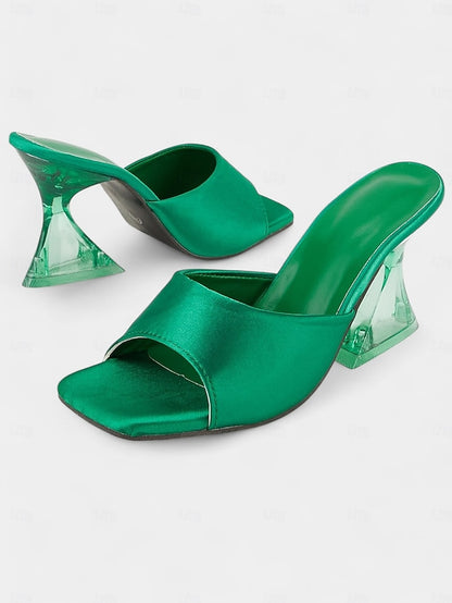 Transparent Satin Open-Toe Green Mules Block for with Heels