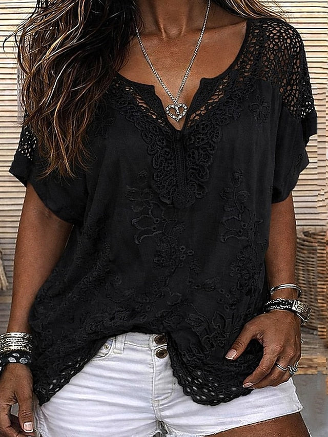 Women's Blouse Lace Solid Color Stylish Casual Short Sleeve