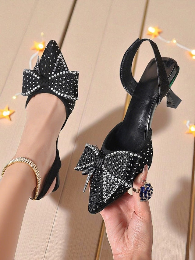 Women's Sparkly Pointed Rhinestone Bow - Slingback Heels
