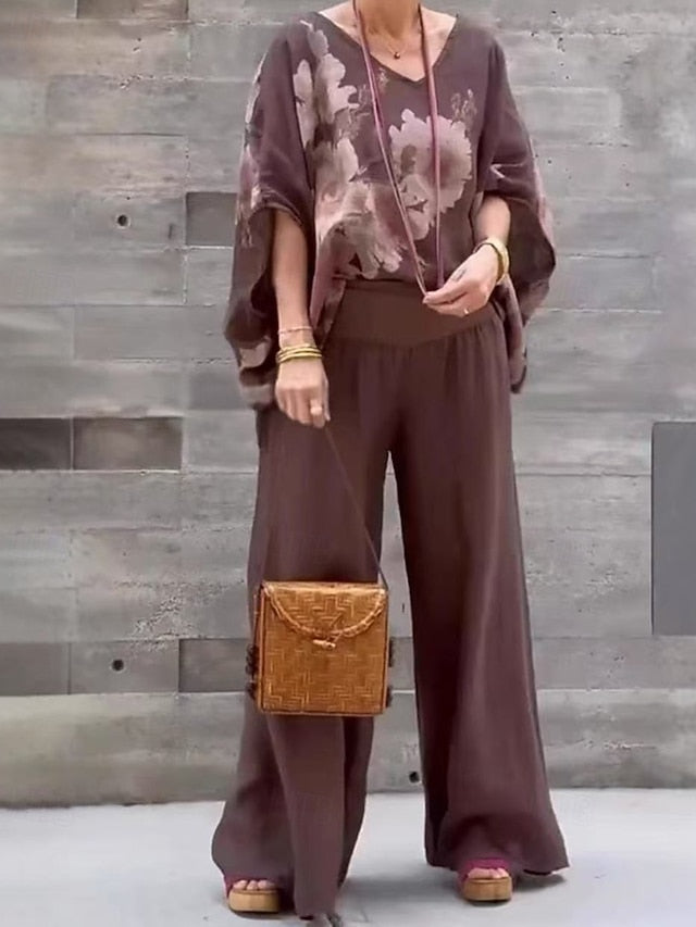 Women's Cotton Linen Shirts Blouse Pants Sets Half Sleeve V