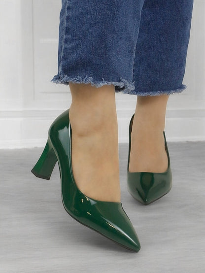 Green Leather Glossy Pumps Patent Heel Faux Block Pointed-Toe