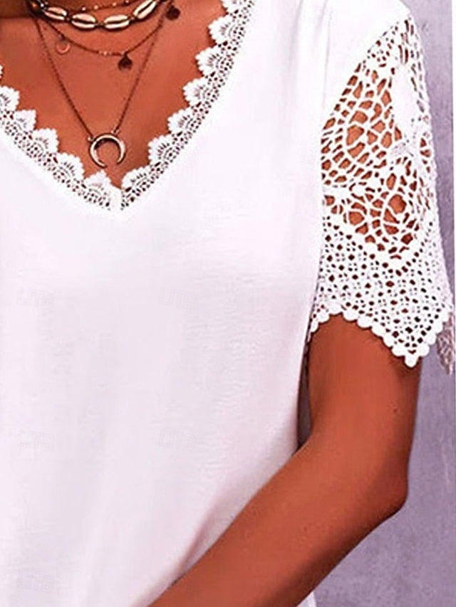 Women's T Shirt Lace Patchwork Eyelet Plain Fashion Modern