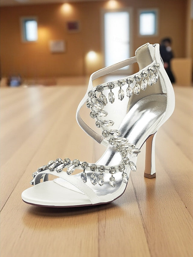 Sandals with Rhinestone White Strappy High Heel Women's