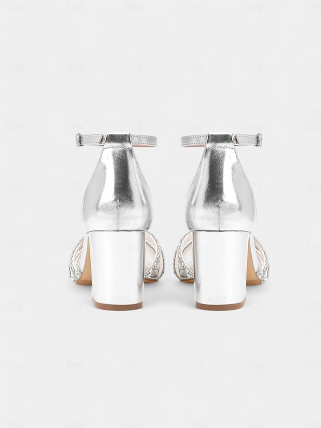 Rhinestone Silver Metallic Block Heel Sandals with Strappy